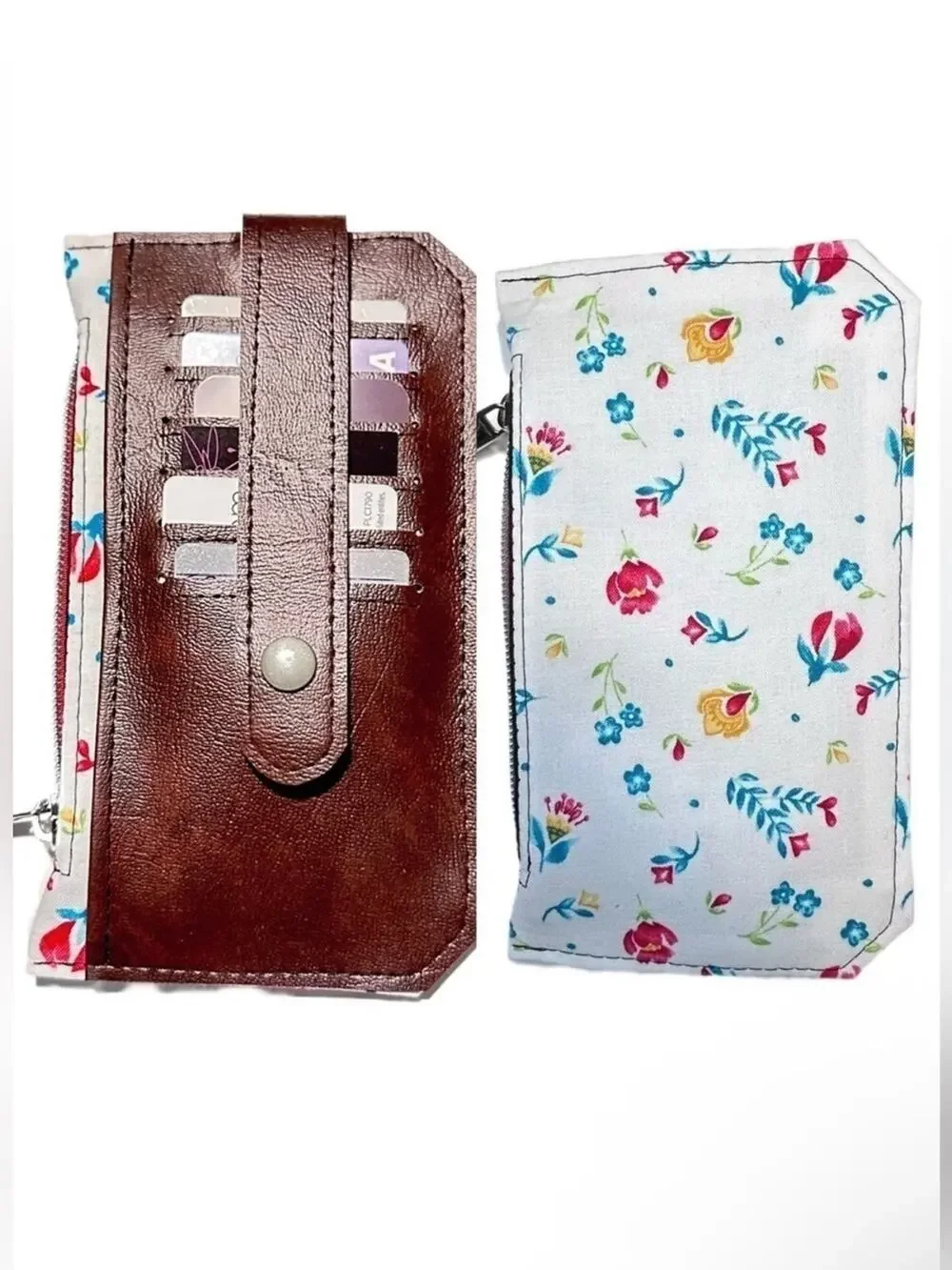 Floral wallet brown vinyl purse pallet card holder handmade